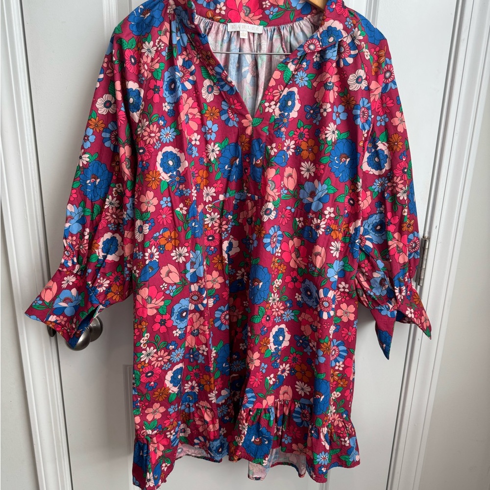 KARLIE Poplin Floral Ruffle Dress Women's Large- Pink Floral